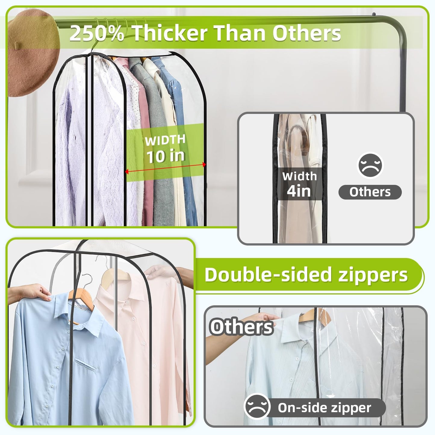 LANDNEOO 6 Pack Clear Garment Bags for Hanging Clothes with Zippers on Double Sides - 10'' Clothes Storage for Coat, Dress, and Fur in Closet - 40'' Long Suit Bags