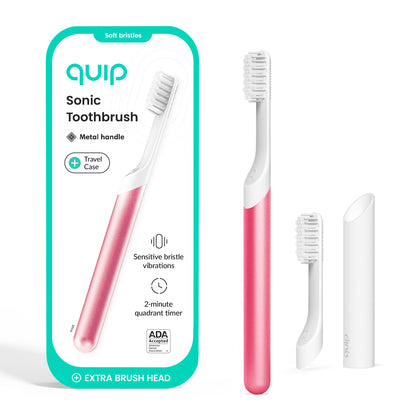 Quip Metal Sonic Electric Toothbrush for Adults - Time Travel & Soft Bristles with Travel Case & Replacement Brush Head - 3 Month Battery Life - Indigo