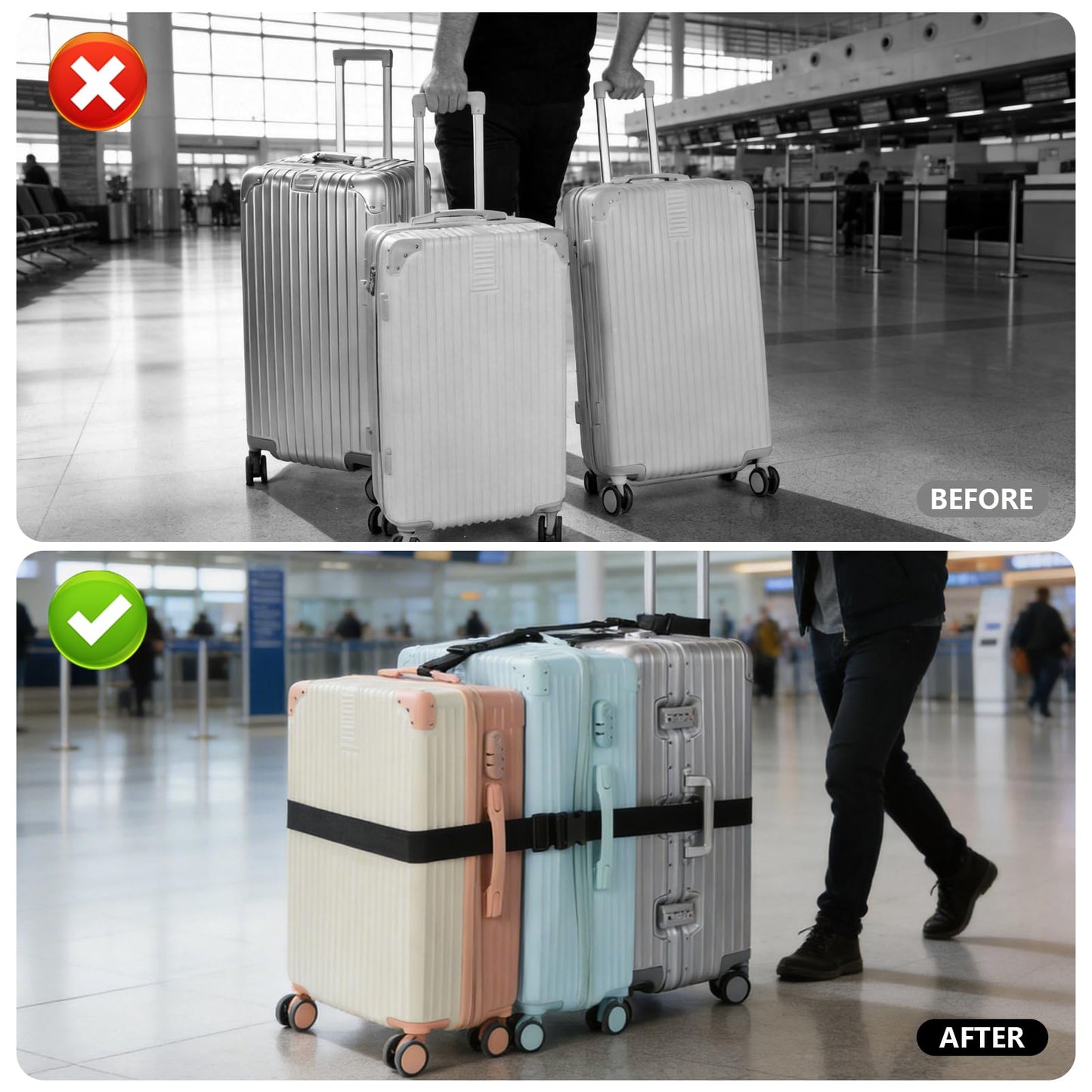 3 Packs Luggage Straps for Suitcases, 2 Luggage Connector Straps & Elastic Strap, Connect Up to 4 Suitcases ＆ Add a Bag, Heavy Duty Adjustable Travel Belt for 20-32 Inch Luggage, Black