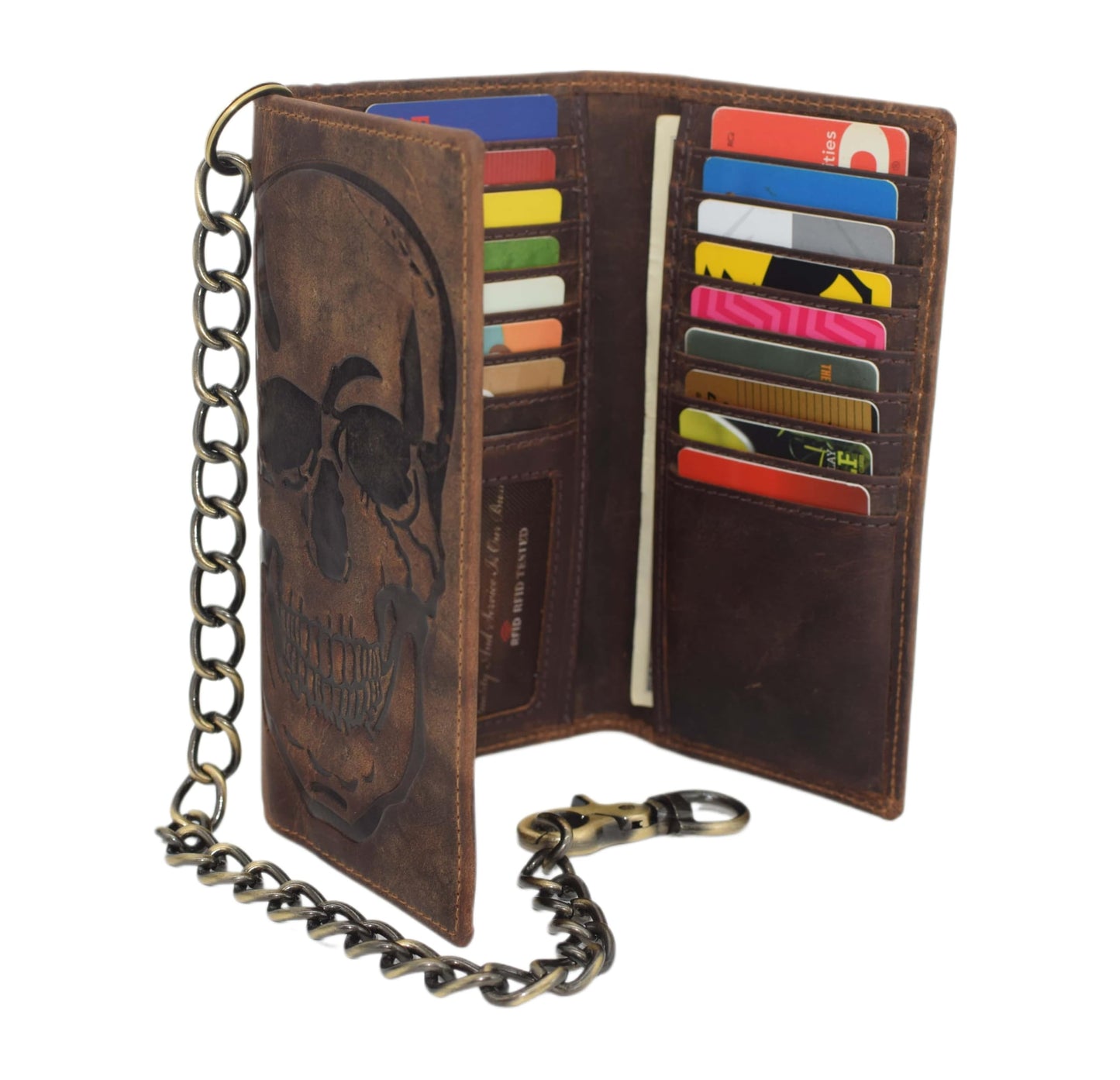 CAZORO Biker Skull Chain Wallet RFID Signal Blocking Men's Vintage Leather Long Tri-fold Chain Checkbook Card ID Wallet (Skull Brown)
