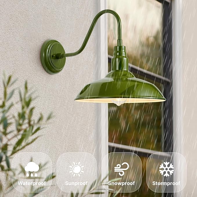 14in Outdoor Gooseneck Lights for Farmhouse, Barn Style Goose Neck Wall Light Fxiture with Wall Mount, Olive Green Exterior Porch Sconce for Patio, Garage, House