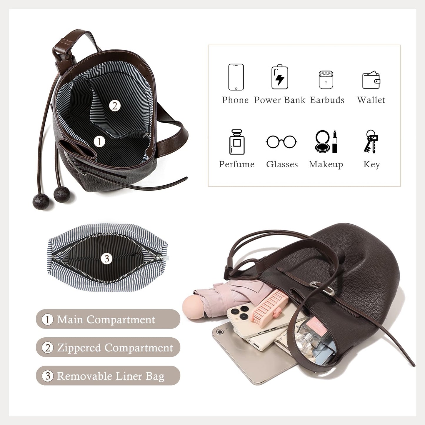 MoreFarther Genuine Leather Bucket Bag for Women, Adjustable Shoulder Bag for Work, Travel, Everyday Use (Chocolate Brown)