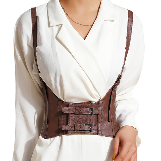 eYLun Women Underbust Corset Belt Faux Leather Wide Elastic Belts Steampunk Strap Waist Corset Belt Brown Large