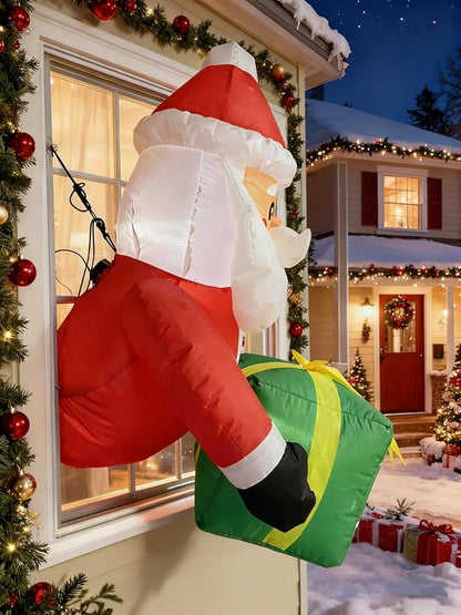 3.5FT Window Inflatble Decor- Christmas Santa Claus with Green Gift Box - LED Lighted Blow-Up Outdoor Yard Decoration for Lawn, Garden, Window Xmas Decor