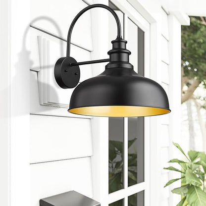 Bestshared Large Outdoor Farmhouse Barn Lights 16 Inch Dome Outdoor Wall Lantern Industrial Wall Sconces Exterior Gooseneck Mount Light,Vintage Outdoor Lighting Fixture (2Pack, Black+ Gold)
