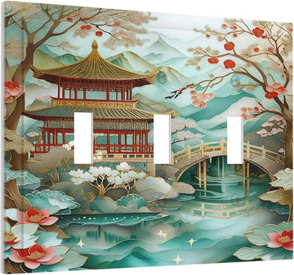 Asian Palace Traditional Bridge Cherry Blossoms Light Switch Covers 3 Gang Triple Toggle Wall Plate Decorative Switchplate Electrical Faceplate for Farmhouse Living Decor