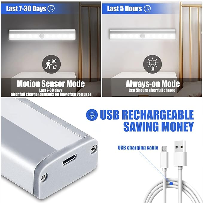 LED Closet Light, 10 LEDs Dimmer USB Rechargeable Motion Sensor Light Under Cabinet Lighting, Wireless Stick-Anywhere Night Safe Light Bar for Wardrobe,Kitchen
