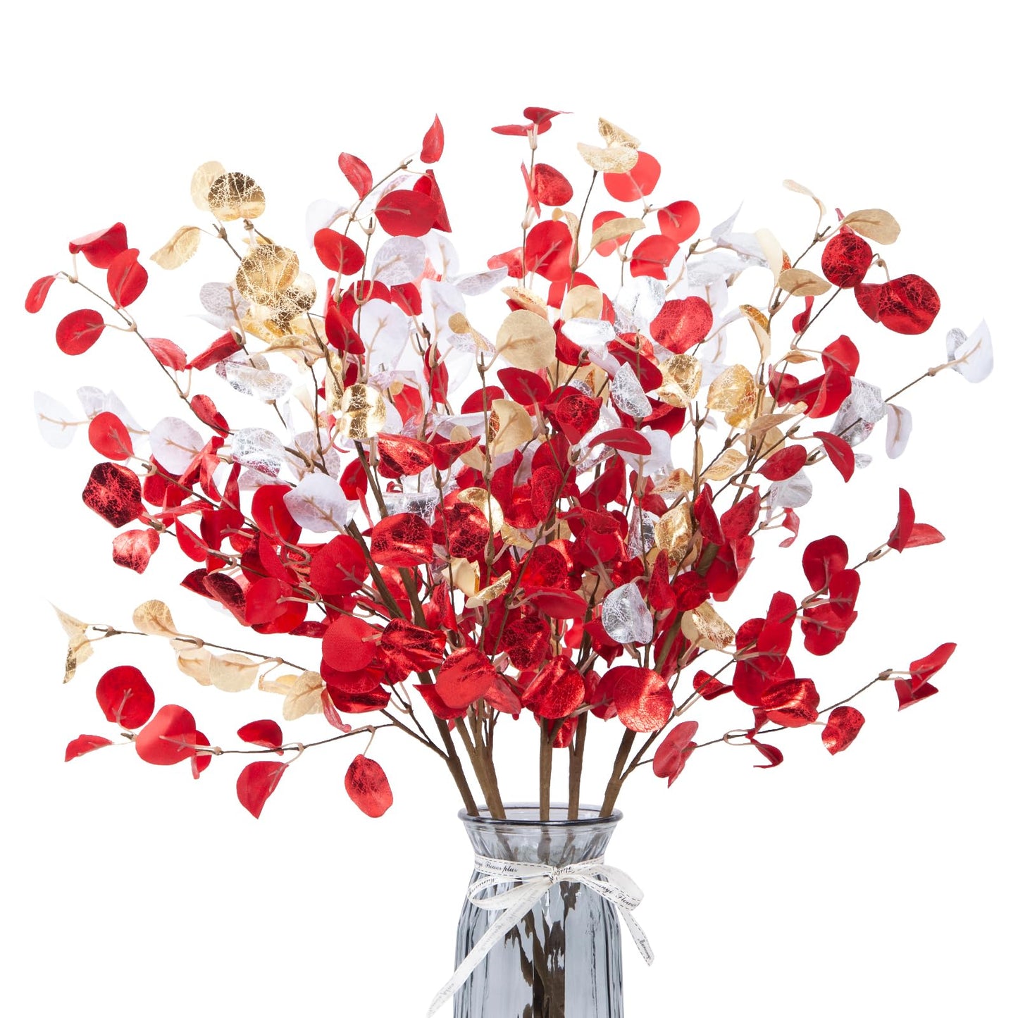 Voqoza 6pcs Eucalyptus Stems Fake Red Gold Silvery Christmas Decorations Leaves Artificial Silk Flowers Bouquet Faux Branches Centerpiece Flores Plants for Home Party Decor Wedding Decoration