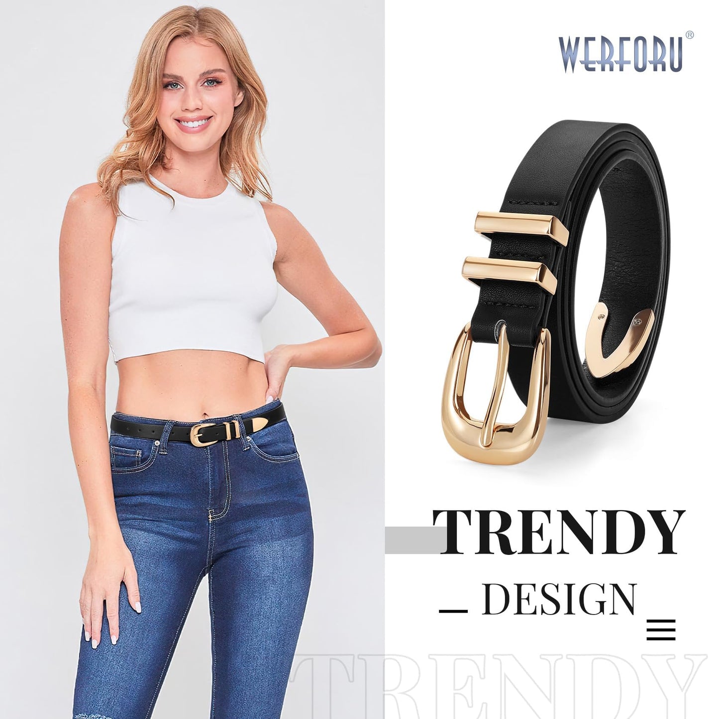 WERFORU Women Leather Belt Fashion Leather Waist Belt for Pants Jean Ladies Western Thin Belt with Gold/Silver Buckle （Fit Waist Size 31"-36",Black-Gold Buckle