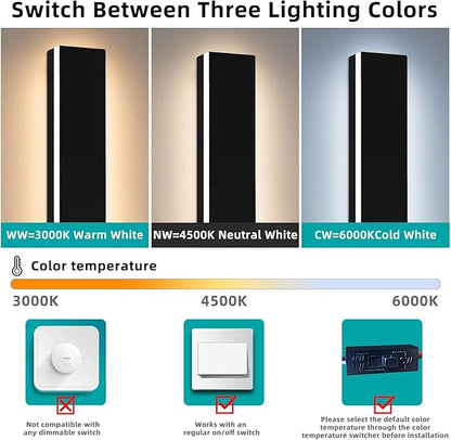 Upgrade Widened 2 Pack Outdoor Modern LED Wall Light, 47.2inch Long Black Wall Sconces, 3 Color 3000K/4500K/6000K, IP65 Waterproof, 42W, Exterior Lighting Fixture for House, Fence, Yard, Patio