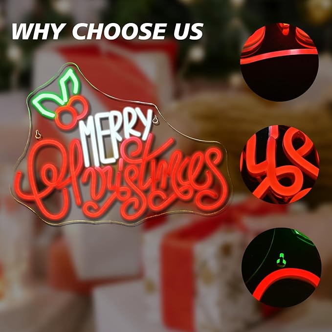 Merry Christmas Neon Sign, LED Sign XMAS Holly Berries for Christmas Decor, Holiday Wall Decoration, USB Powered, Adjustable Brightness
