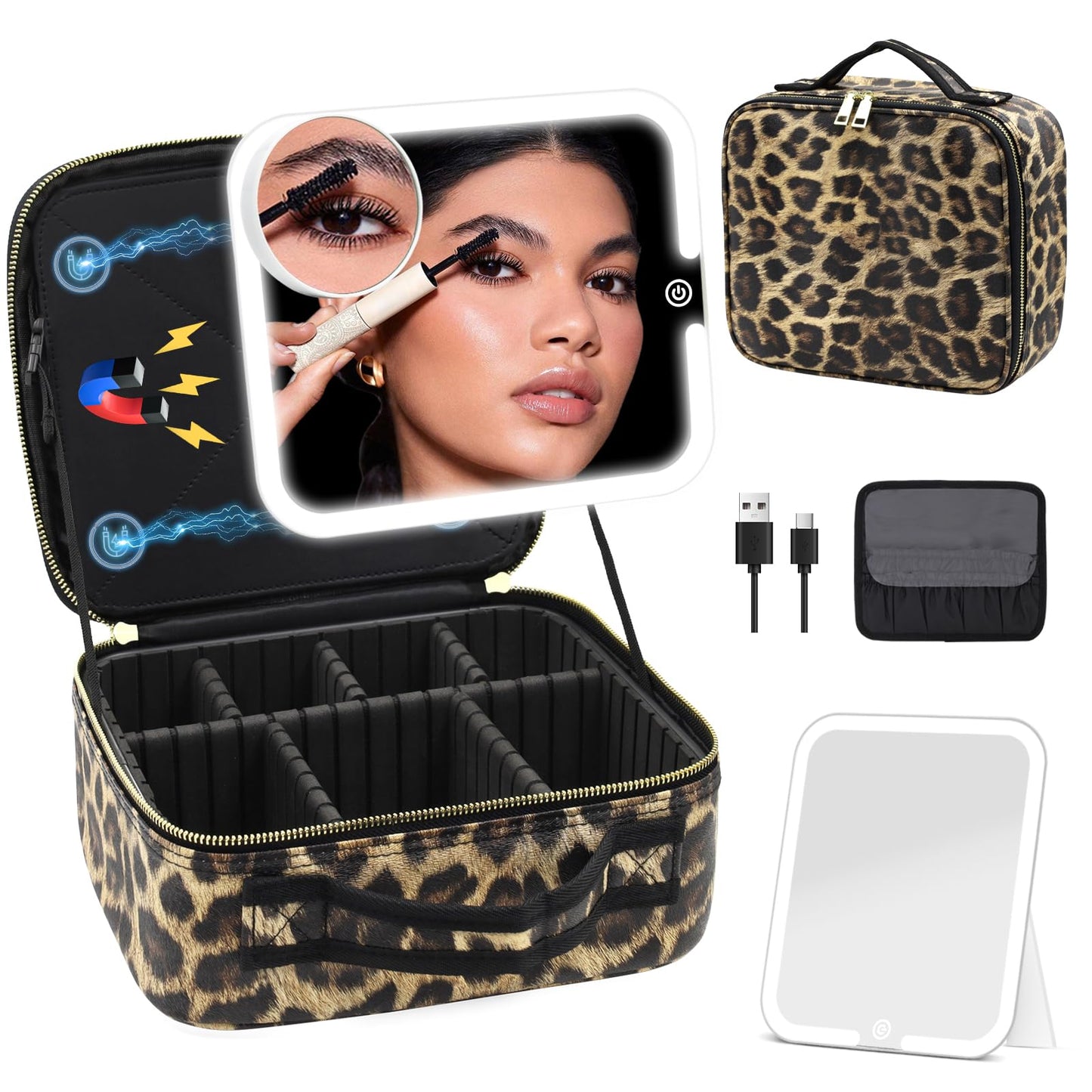 Makeup Bag with Magnetic Detachable Lighted Mirror, Travel Makeup Bag with Mirror 360° Angle, PU Leather Makeup Organizer Bag with Mirror and Lights, Portable Cosmetic Case Accessories Train Case Gift