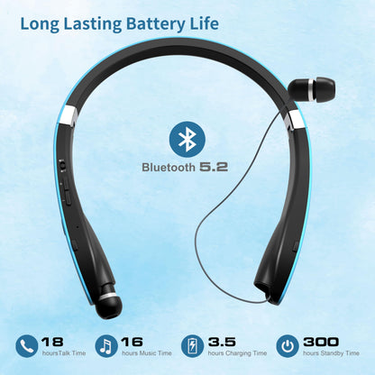 Dpvisn Bluetooth Neckband Headphones, Foldable Wireless Lightweight Neck Headset with Retractable Earbuds, Noise Cancelling Sweatproof Stereo Earphones with Mic & Carrying Case