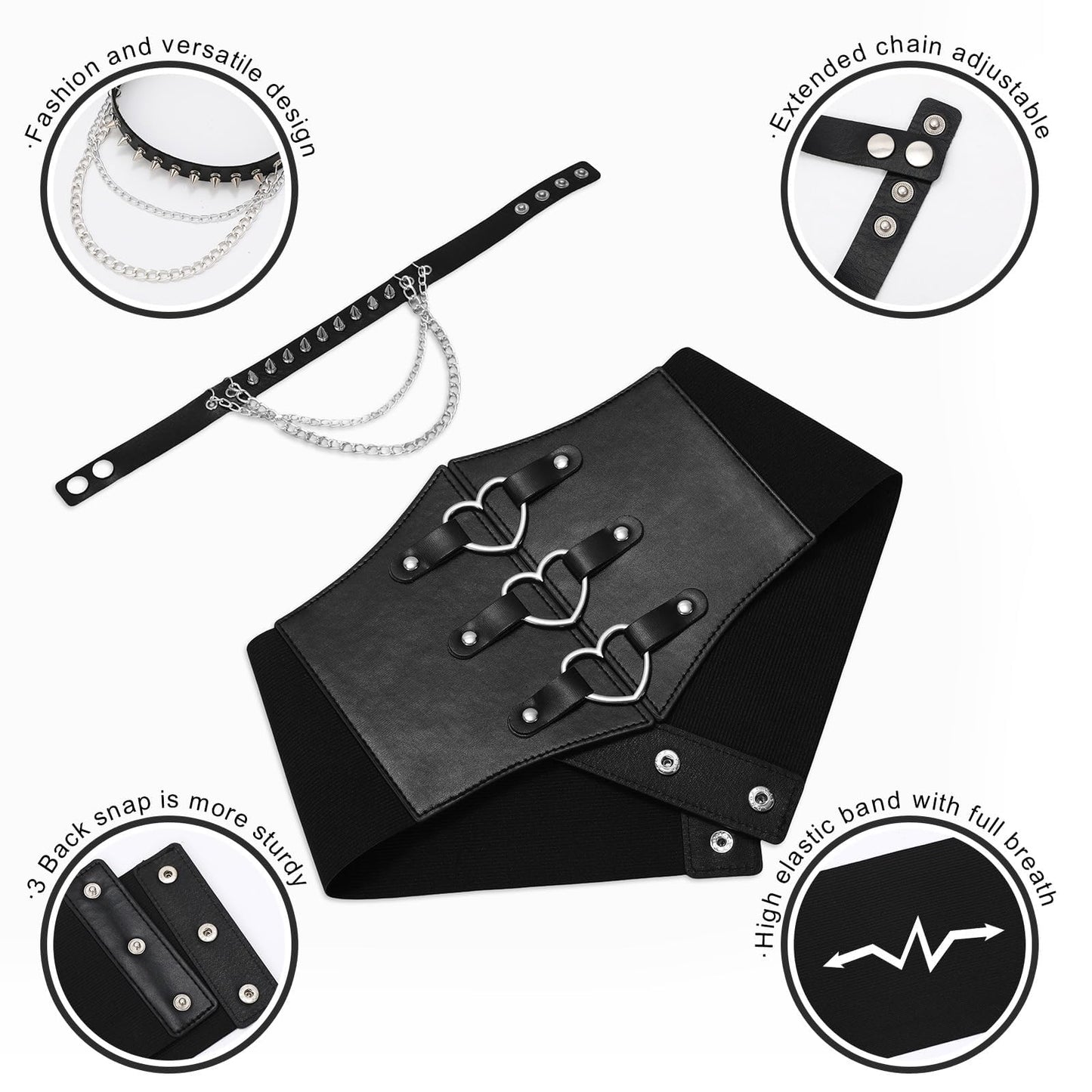 JKEEMI Women Corset Belt With Black Choker Set，Heart-Ring Wide Elastic Waist Goth Leather Corset for Daily Cosplay Halloween Costume Gifts
