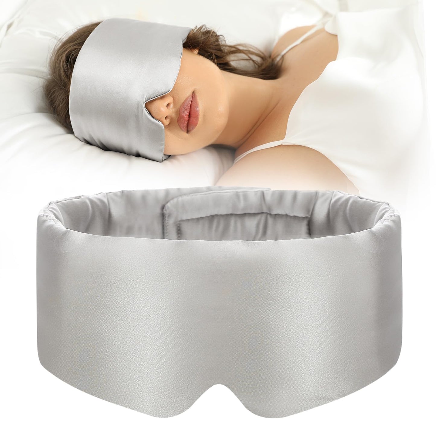 100% Mulberry Silk Sleep Mask Eye Mask for Women Man with Adjustable Band, for Side Sleeper Blackout Sleep Mask for Travel Rest and Office Large Size (Taupe)