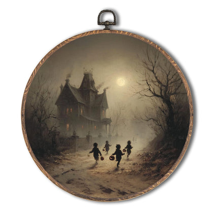 Tzhim Gothic Halloween Canvas Wall Art, Spooky Children with Pumpkin Lanterns Round Wall Art Decor, Dark Academia Autumn Aesthetic Framed Hanging Decor for Home Bedroom Living Room, 10x10in