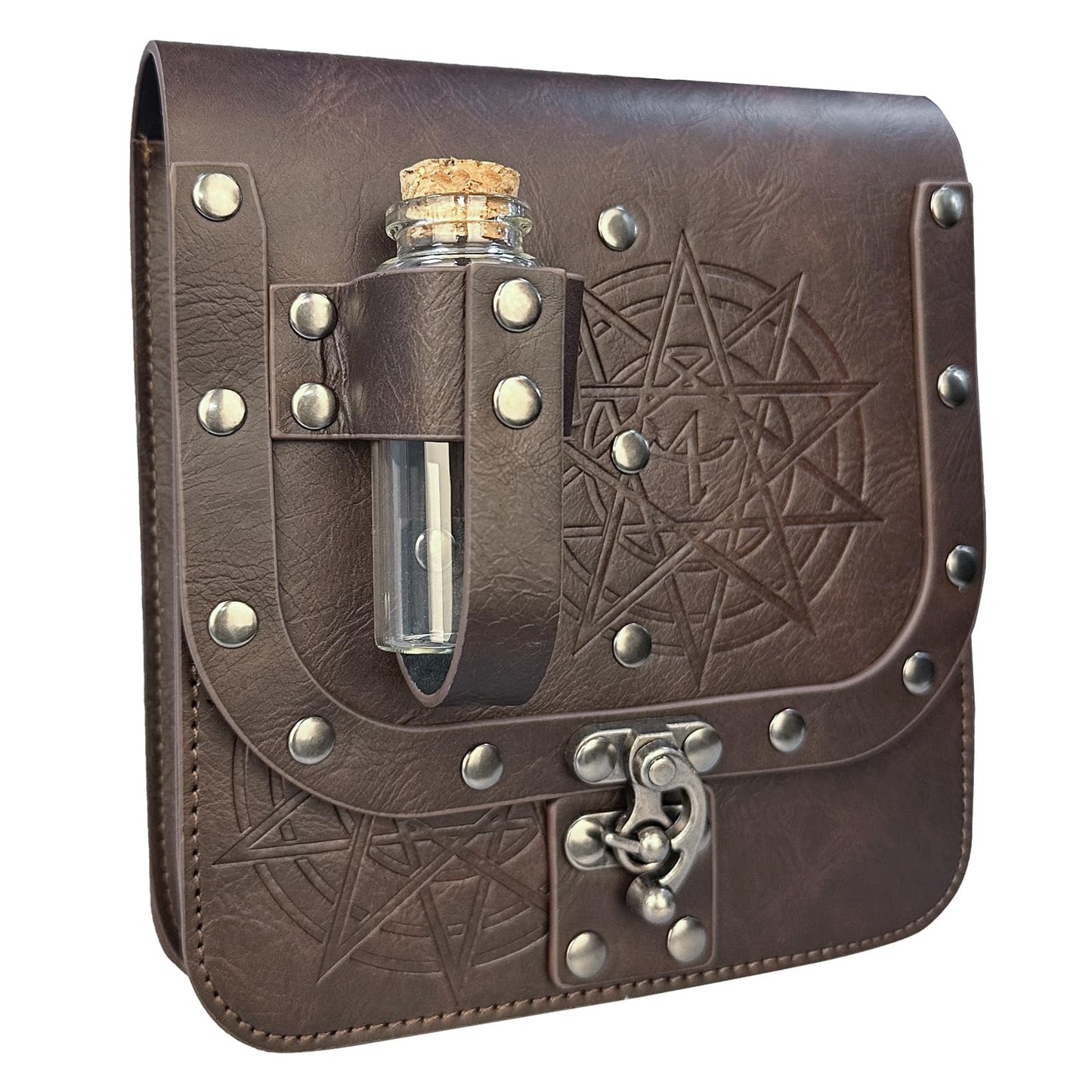 HiiFeuer Medieval Alchemy Faux Leather Belt Bag with Cork Potion Vials, Fantasy Wizard Waist Pouch Side Pack for Halloween (Brown C)