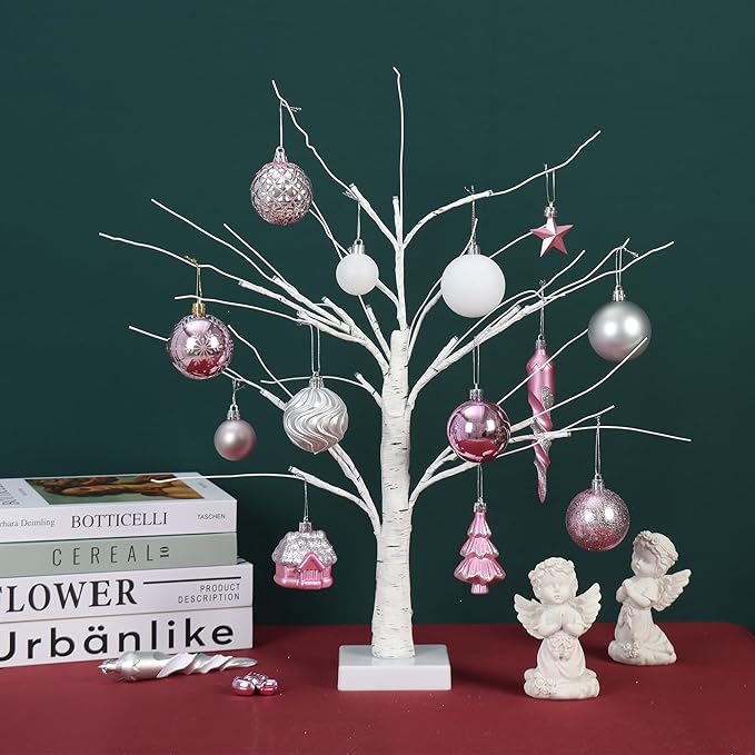 124Ct Pink White and Silver Christmas Ornaments Set,Shatterproof Assorted Christmas Decorations for Xmas Tree Snowflake Icicle House Ball Ornaments Baubles for Holiday Party(Pink White Silver)