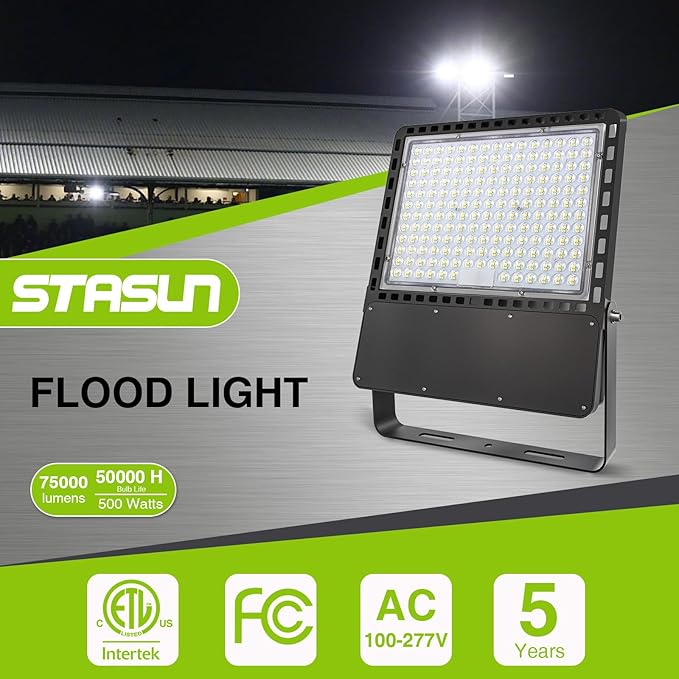 STASUN Flying Series Ultra 500W 75,000LM LED Flood Light Outdoor, 100-277V 5000K Daylight White, IP66 Waterproof Stadium Lights for Arena, Backyard, Parking Lot, Courts, ETL Certification