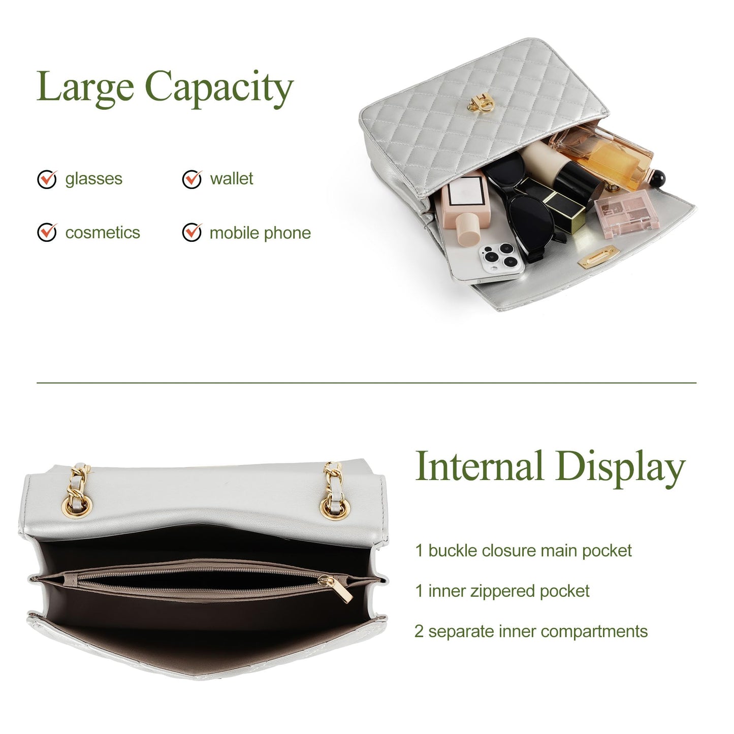 GEMIU Quilted Crossbody Purse Formal Small Women's Shoulder Handbags for Womens Clutch Purses with Gold Chain Dressy Sliver