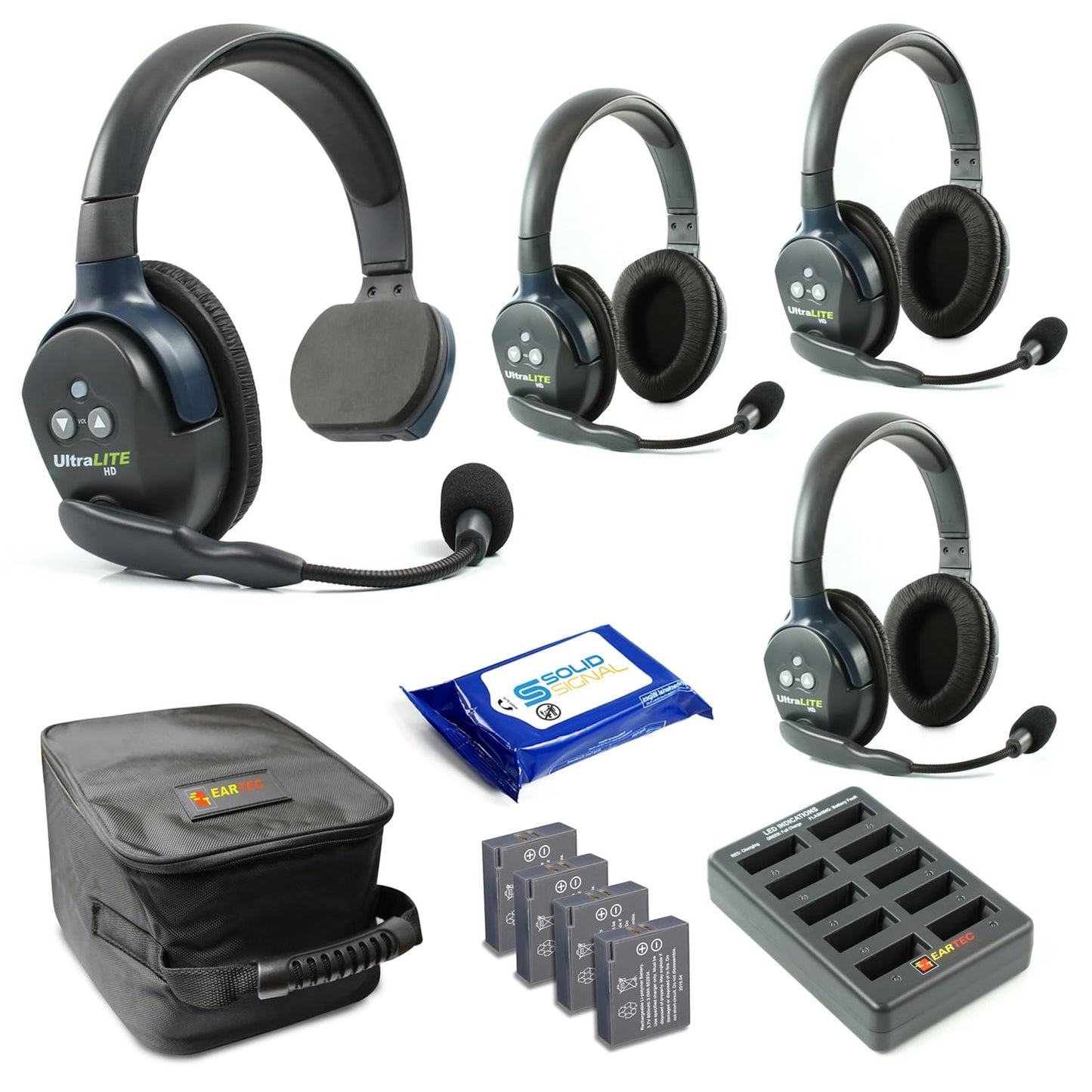 Eartec UL4S Ultralite Full Duplex Wireless Headset Communication for 4 Users - 4 Single Ear Headsets with SolidSignal Cleaning Wipes Bundle