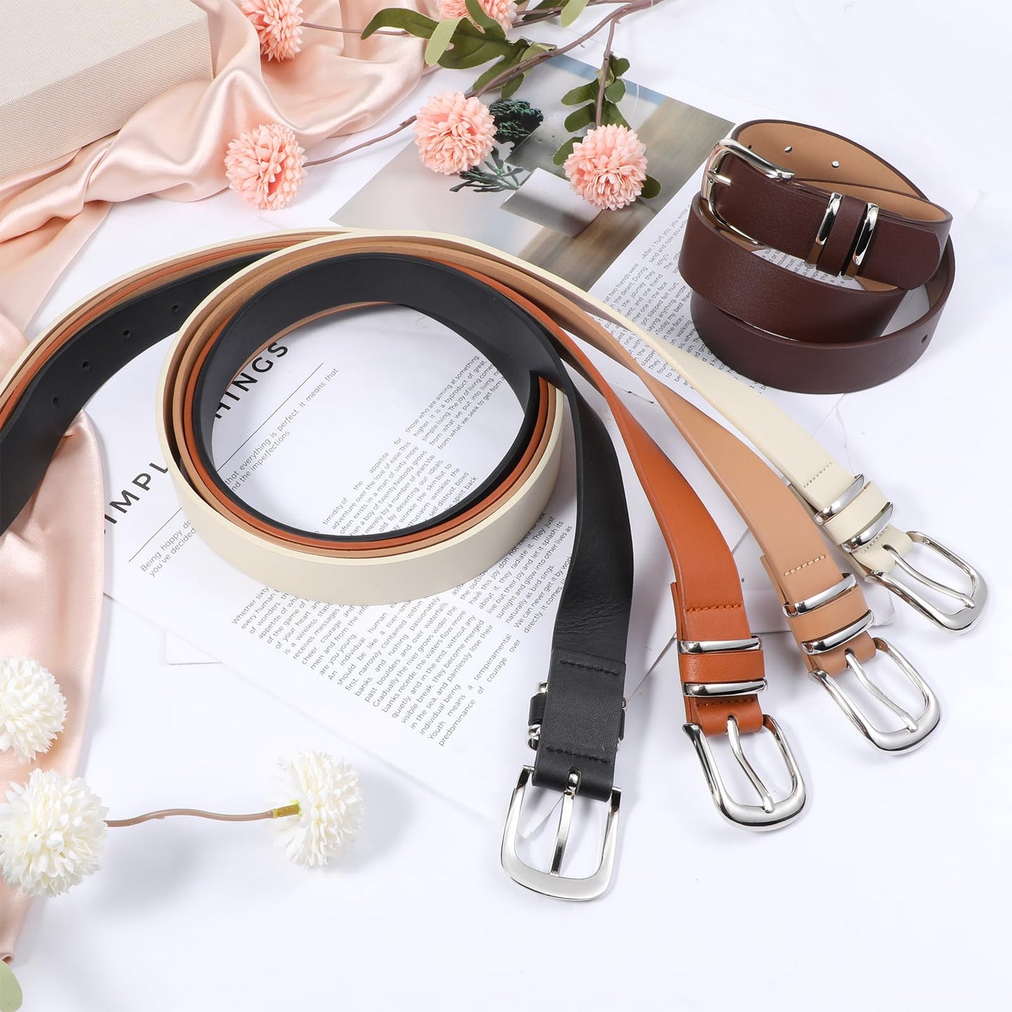 IMengjbang 5Pcs Womens Leather Belt Silver Buckle Fits Waist 25-35 Inches, Ladies Belts for Jeans with Silver Buckle 10 Adjustable Holes