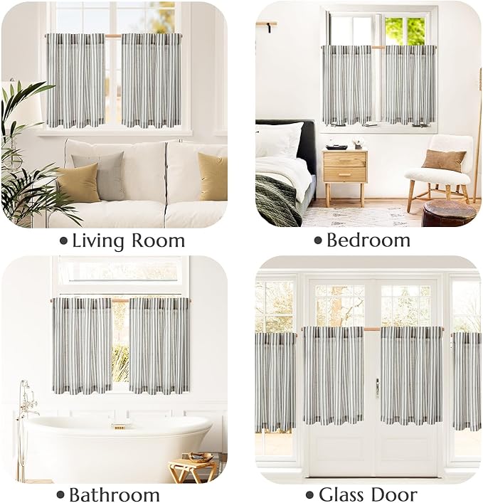 jinchan Striped Linen Kitchen Curtains 36 Inches Tier Curtains Farmhouse Modern Cafe Style Small Window Treatments Airy Light Filtering Rod Pocket for Living Room Bathroom 2 Panels Charcoal Grey