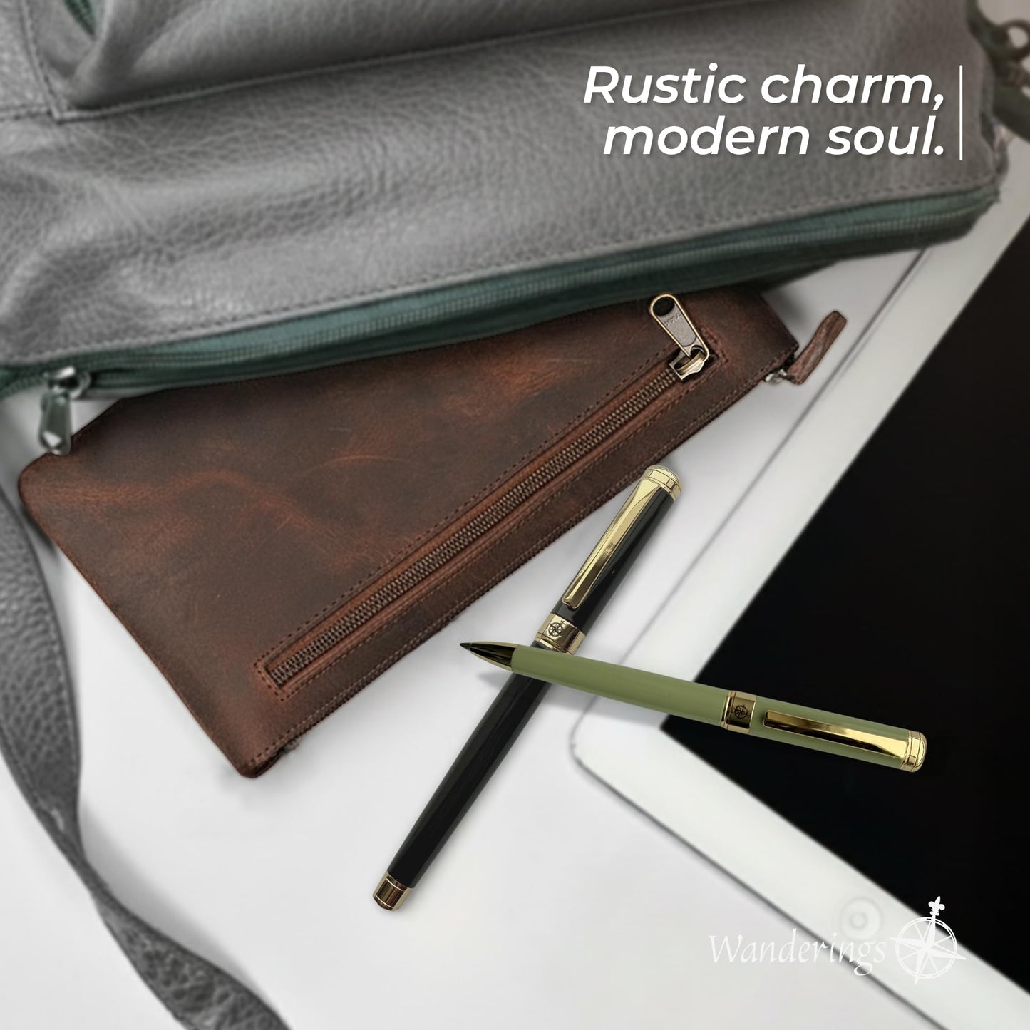 WANDERINGS Genuine Leather Pencil Pouch Case 9" x 5.25" - Hand Crafted Brown Leather Zipper Pouch - Slim Pencil Case Holder for Men and Women - Pencil Bag for Artists Students Professionals