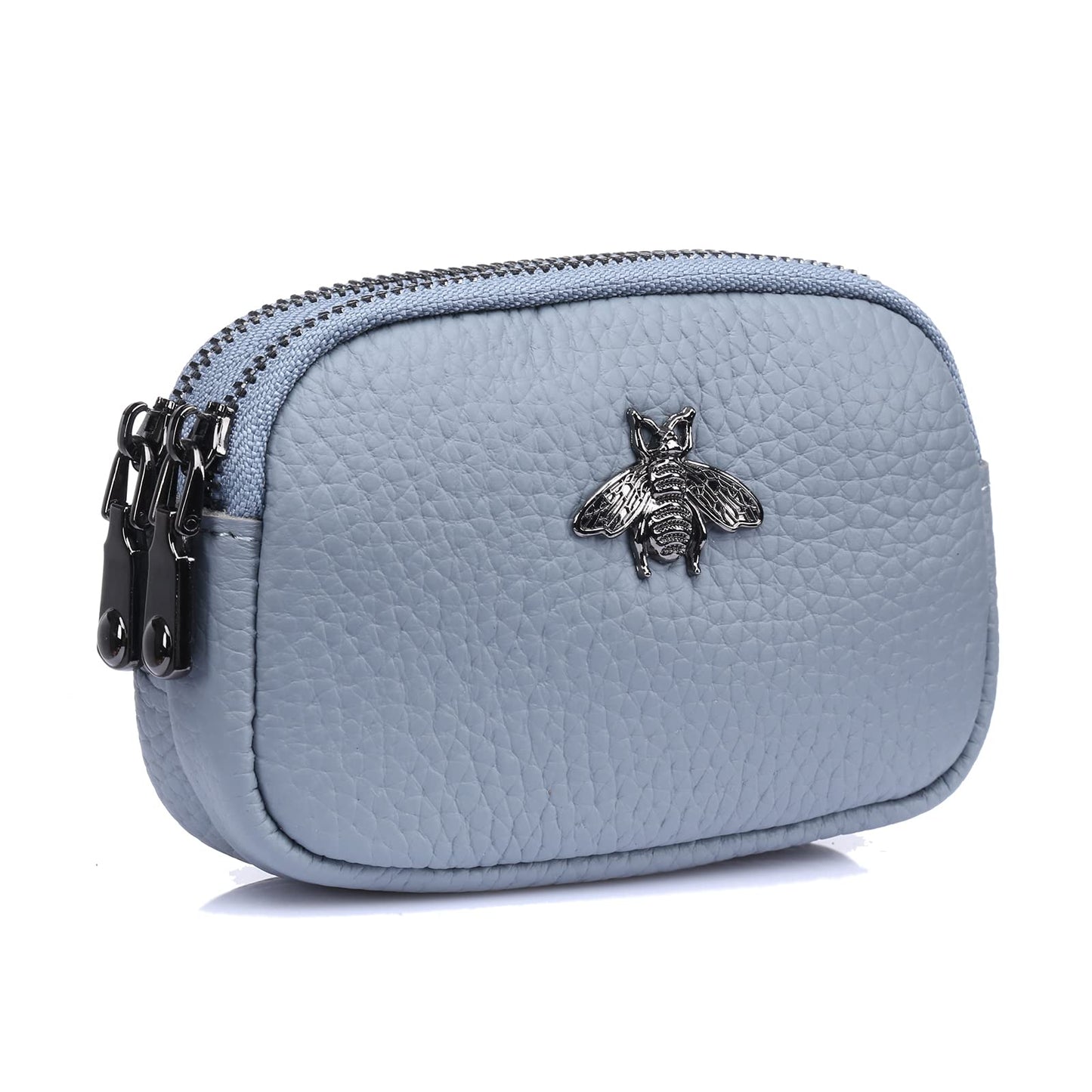 Yocipa Genuine Leather Coin Purse for Women Small Double Zipper Wallet Mini Change Pouch with Bee Charm for Cash Cards Keys Cute Compact Organizer (Light Blue)