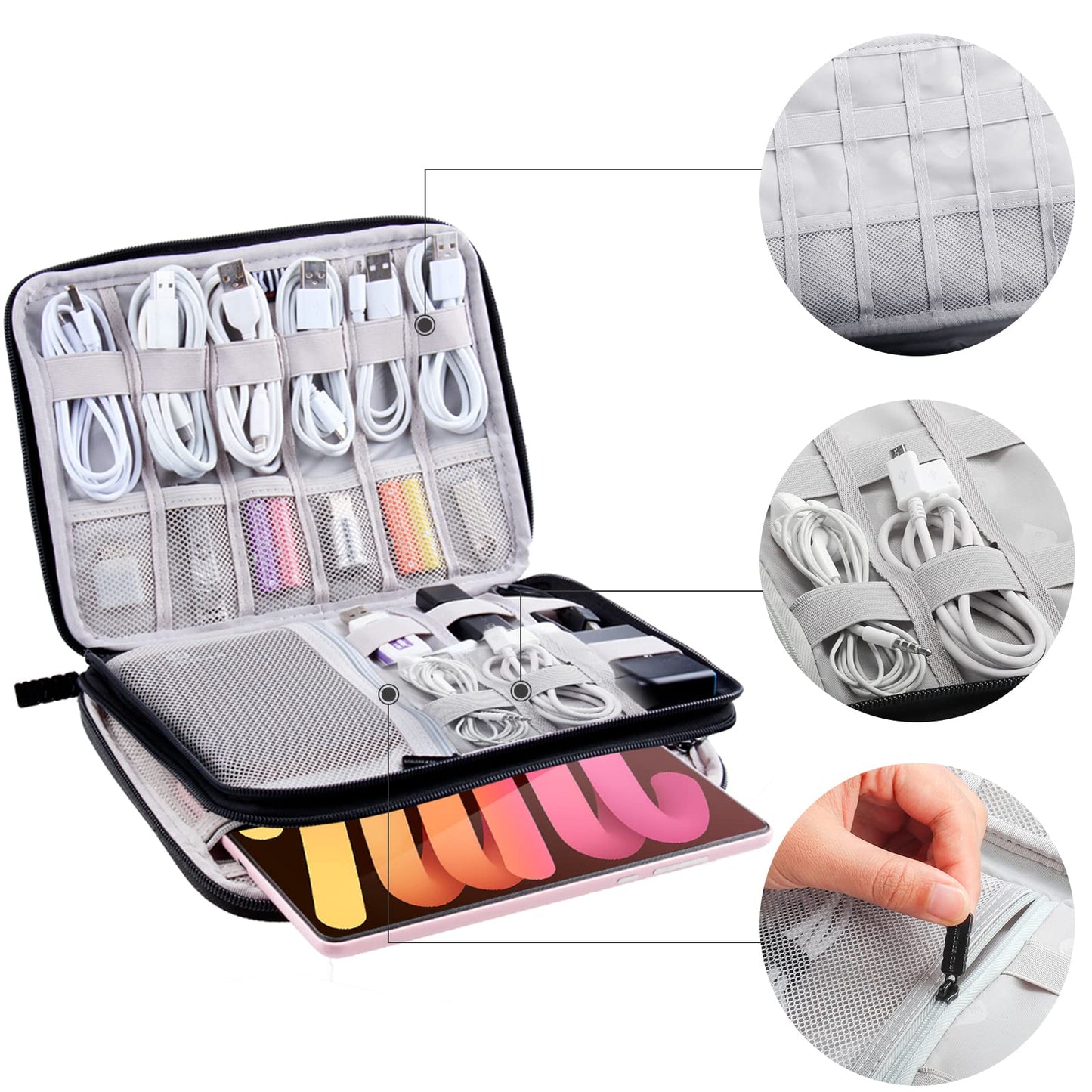 CNPOP Electronics Organizer Travel Case Cord Cable Charger Organizer Bag Travel Accessories Essentials for Women Men Double Layers Tech Pouch with 5 Cable Ties for Phone Power Bank SD Card USB, Black