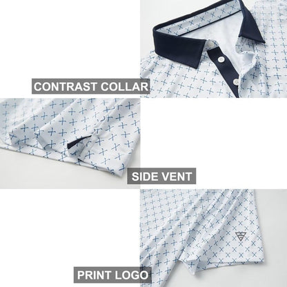 Golf Shirts for Men Dry Fit Short Sleeve Print Performance Moisture Wicking Polo Shirt White