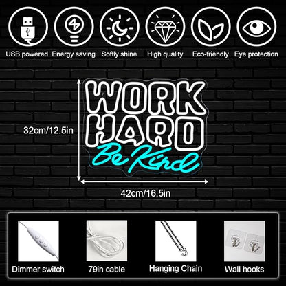 Work Hard Be Kind Neon Sign, Dimmable Neon Signs for Wall Decor, White Blue Neon Light Work Hard USB Led Sign for Office Study Room Classroom Bedroom Meeting Room Decoration