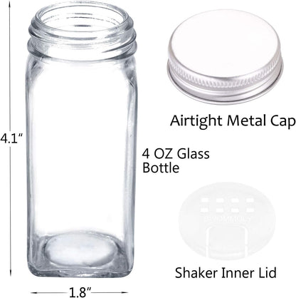 SWOMMOLY 42 Glass Spice Jars with 703 Spice Labels, Chalk Marker and Funnel Complete Set. 42 Square Glass Jars 4oz, Airtight Cap, Pour/sift Shaker Lid