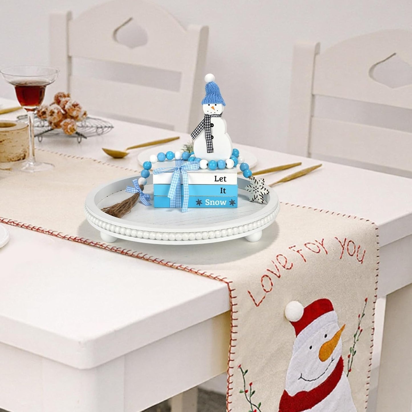 Winter Decorations 5 PCS Table Centerpiece Snowman Decor, Cute Tabletop Winter Decor for Tiered Tray Shelf Mantel Fireplace Coffee Bar Office Desk, New Year Decorations Faux Book Snowman Bead Garland