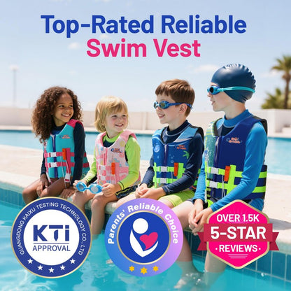 HeySplash Toddler Swim Vest, Kids Swimming Jacket Toddler Floaties with Adjustable Strap, Float Jacket for Puddle Pool Jumper, Beach, Boating, Learn to Swim Aid Fits 6-9Years/50-80Lbs, Indigo