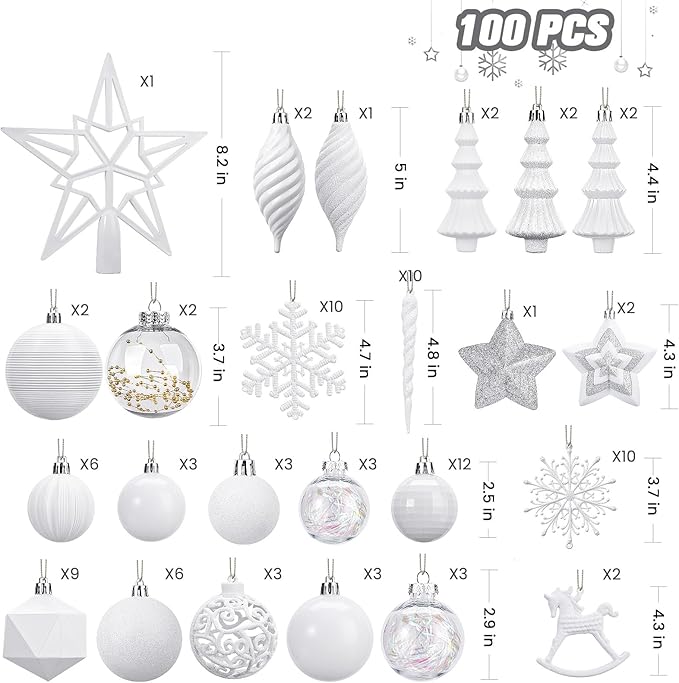 SHareconn 100pcs Christmas Tree Decorations Ornaments Set, Shatterproof Plastic Baubles Decorative Balls for Xmas Tree Decor Holiday Wedding Party, White