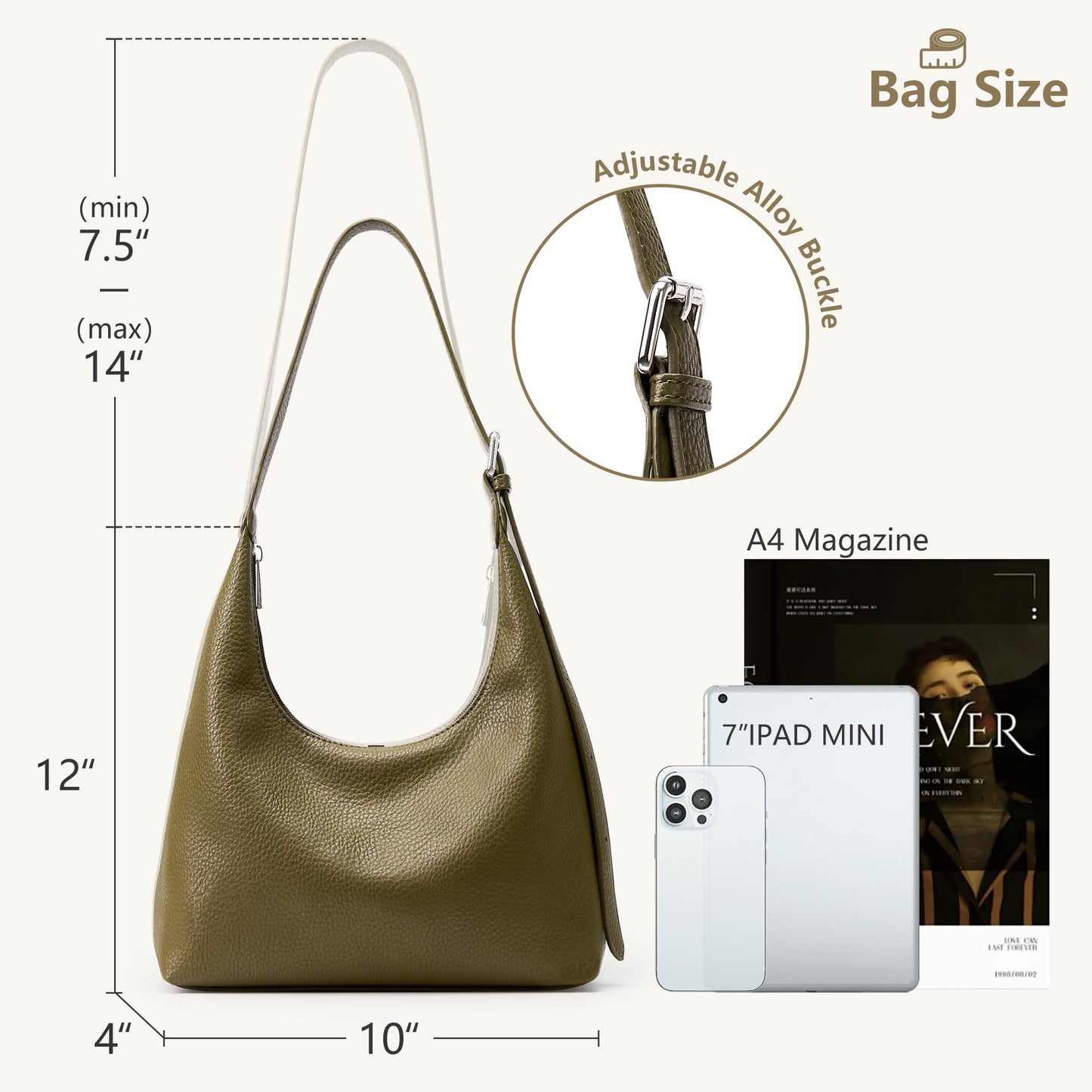 KALIDI Crescent Tote Bag, Women Underarm Handbag Vegan Leather Zipper Shoulder Purse Hobo for Evening Shopping Casual