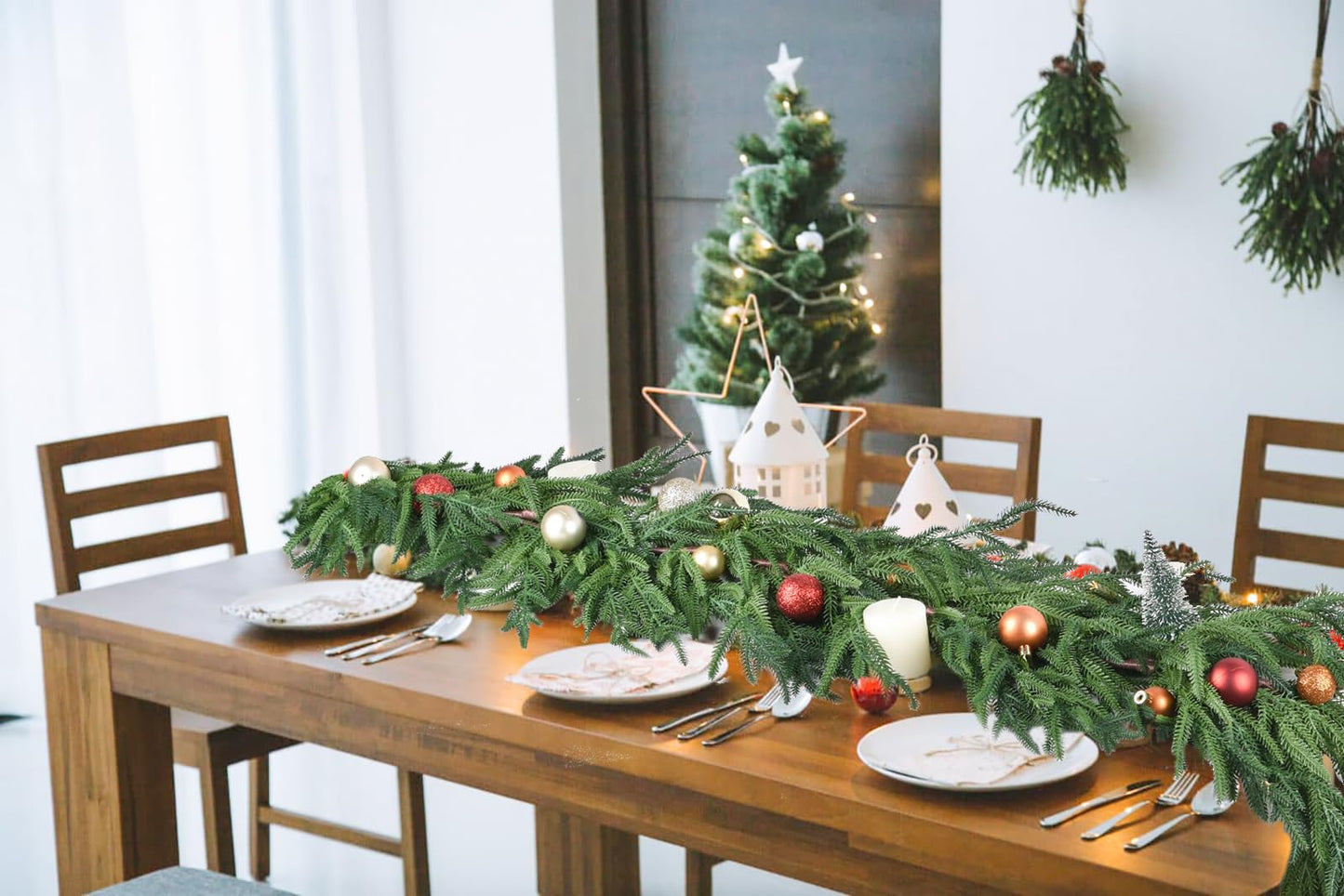 Norfolk Pine Garland Christmas Decoration - 9ft Realistic Pine Needles Artificial Greenery Garland for Holiday Mantel Fireplace Stairs Railing Table Home Decor