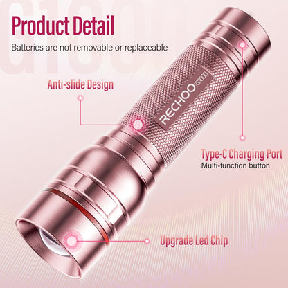 Flashlight Rechargeable High Lumens, G1000 Super Bright Flash Light Pink, Small Zoomable LED Flashlight with 3 Lighting Modes, Portable Tactical Flashlight for Camping Essentials, Gifts for Women