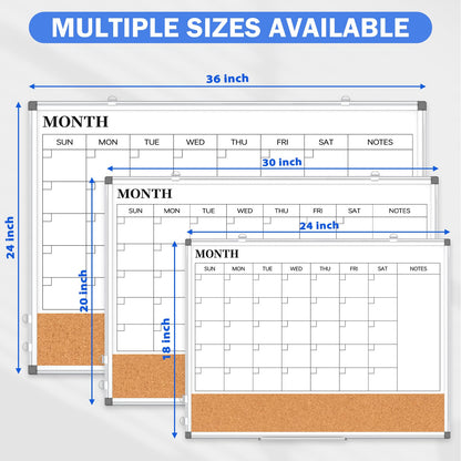 Monthly Calendar Whiteboard Dry Erase Cork Board Combo for Wall, 24" x 18" Double-Sided Calendar White Board and Bulletin Board, Portable Board for Office, Kitchen, School, Home