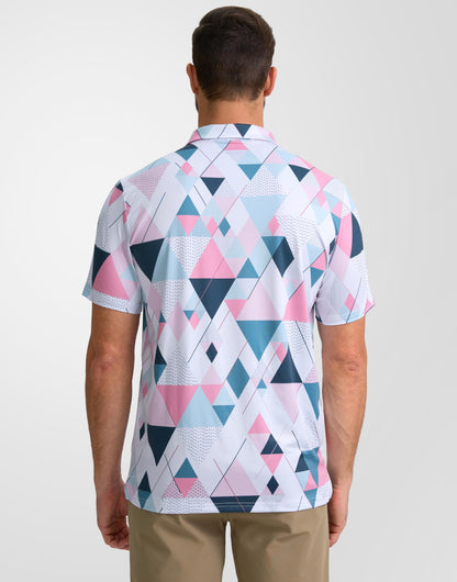 Obla Mens Golf Polo Shirts Short Sleeve Dry Fit Performance Moisture Wicking Casual Print Collared Golf Shirts for Men(White Pink Geometry_4XL)