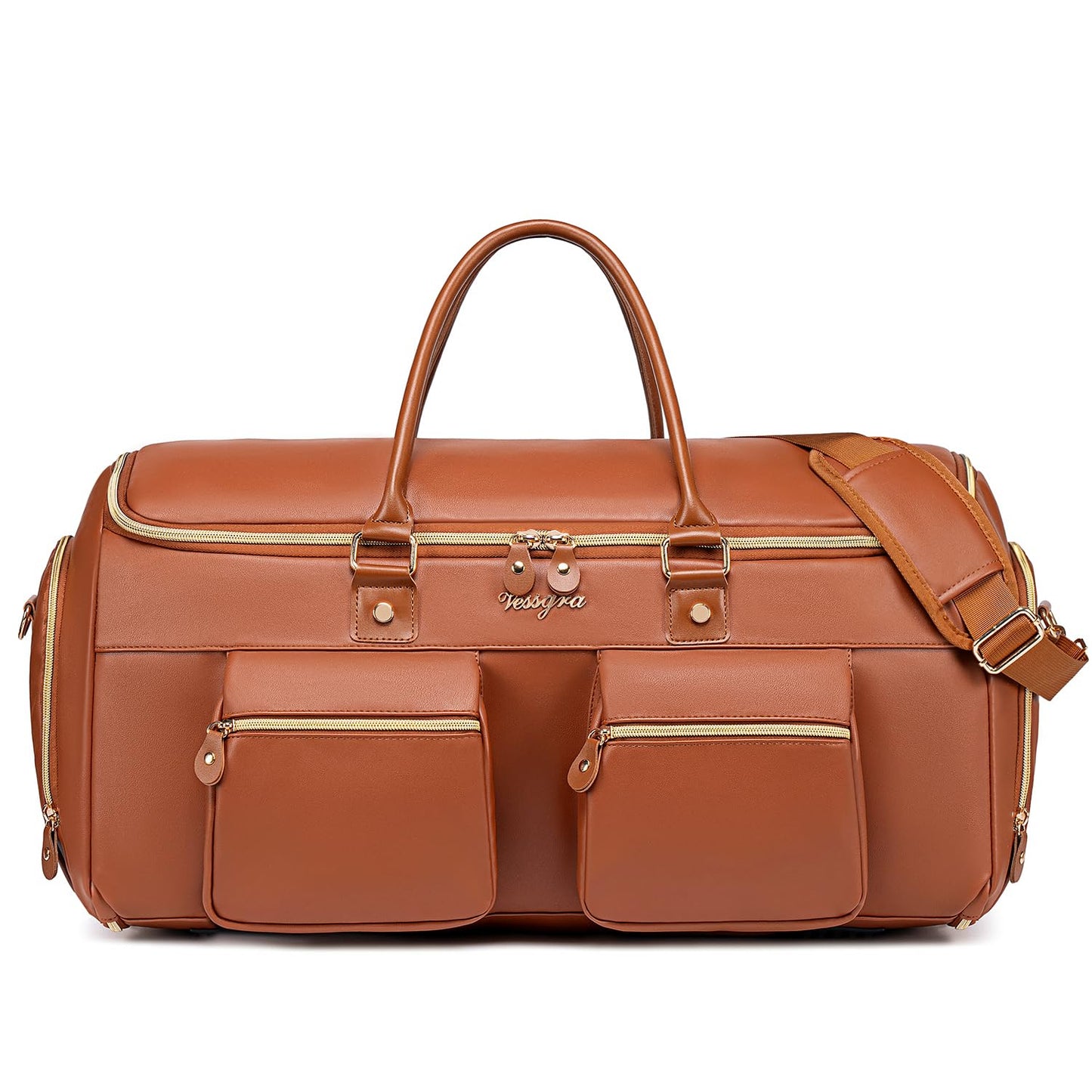 Suit Bag,Vessgra 56L Garment Bags for Travel,2 in 1 Leather Duffle Bags for Men Women, PU Leather Convertible Travel Bag with Shoe Compartment,Work Weekender Bussiness Wedding,Reddish Brown
