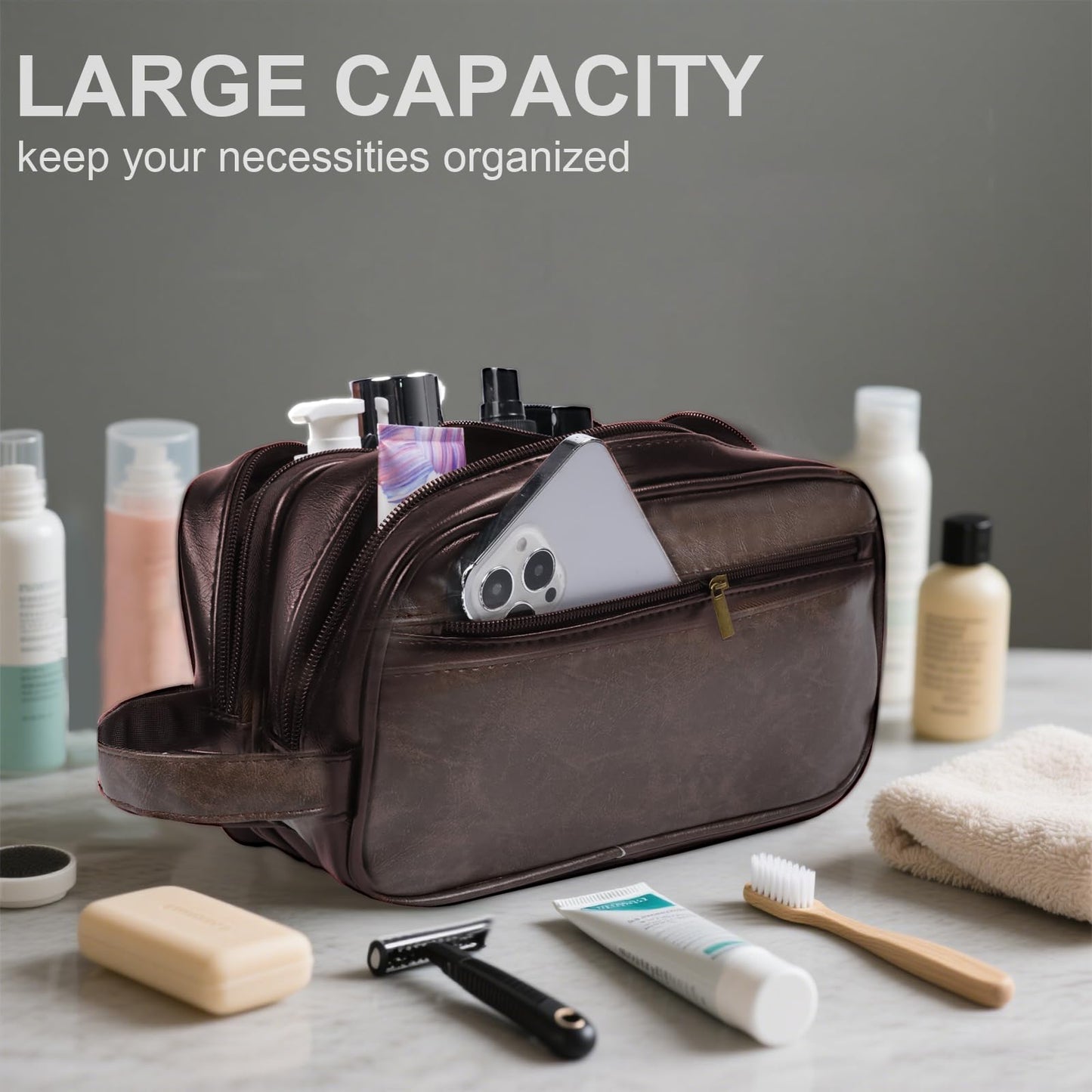 HEWTHM Mens travel toiletry bag Gift For Men, PU Leather Cosmetic Bag Water Resistant Dopp Kit Shaving Pouch Bathroom Toiletries Organizer(Coffee)