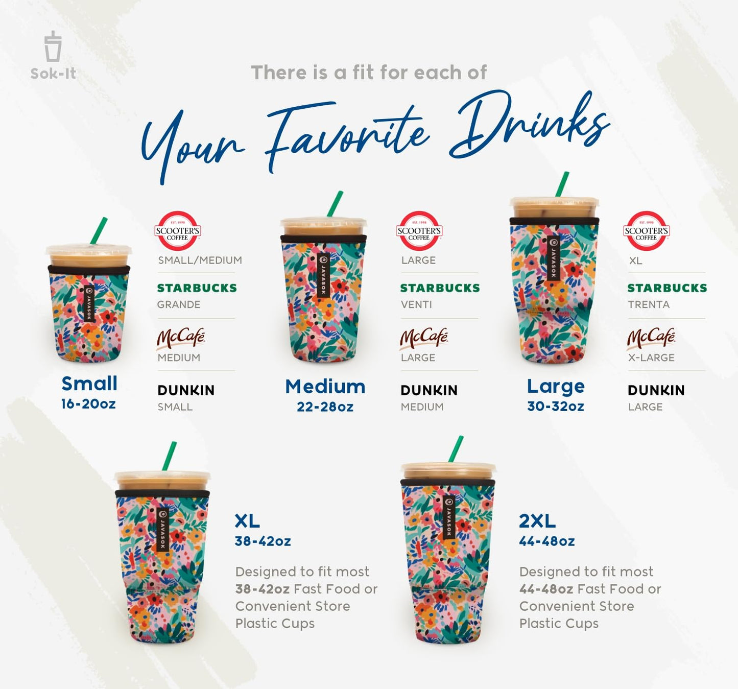 Sok It JavaSok Iced Coffee & Cold Soda Insulated Neoprene Cup Sleeve (Abstract Floral, Small: 16-20oz)