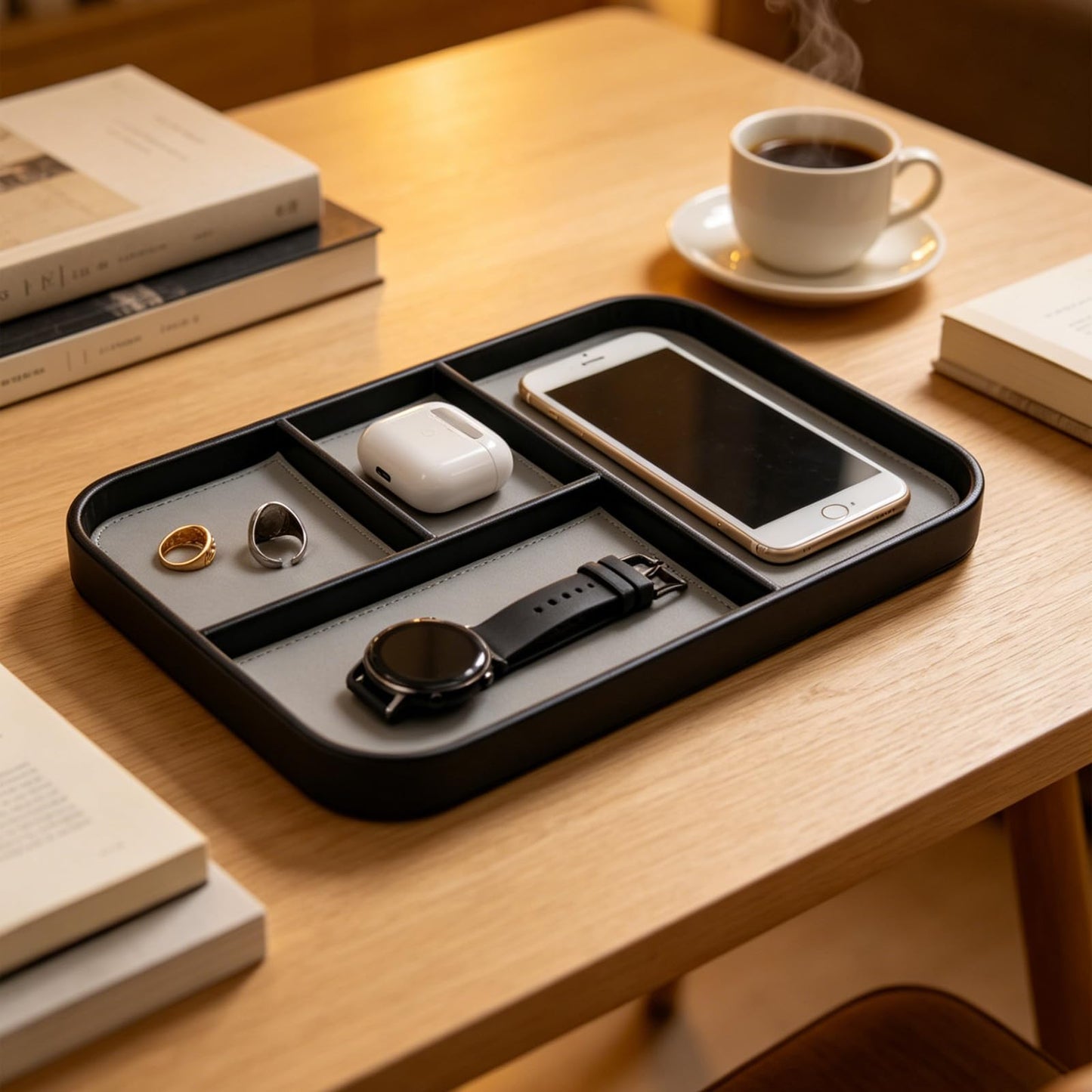 Valet Tray for Men 12 X 8 inch, 4-Compartment PU Leather Tray to Organize Keys, Earphones, Phones, Wallets and Watches for Nightstand Entranceway Dressing Table, Cloakroom&Drawers(Black Frame)