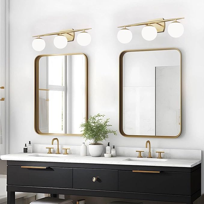 Gold Bathroom Light Fixtures, 3-Light 25.1 Inch Modern Light Fixture Bathroom with Milky White Frosted Glass Shades, Wall Sconces for Bathroom, Bedroom, Living Room(G9 Bulb not Included)