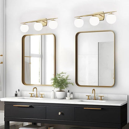 Gold Bathroom Light Fixtures, 3-Light 25.1 Inch Modern Light Fixture Bathroom with Milky White Frosted Glass Shades, Wall Sconces for Bathroom, Bedroom, Living Room(G9 Bulb not Included)