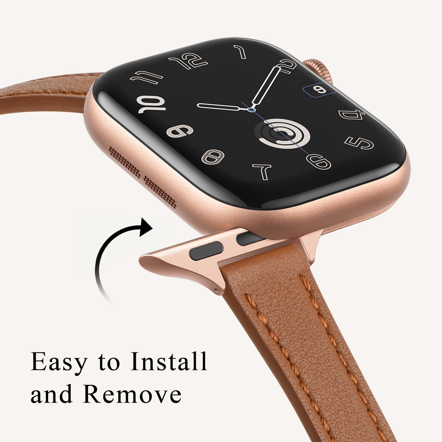 STIROLL Slim Leather Bands Compatible with Apple Watch Band 38mm 40mm 41mm 42mm(Series 11 10), Top Grain Leather Watch Thin Wristband for iWatch SE 9 8 7 6 5 4 3 2 1 (Brown Rose Gold)