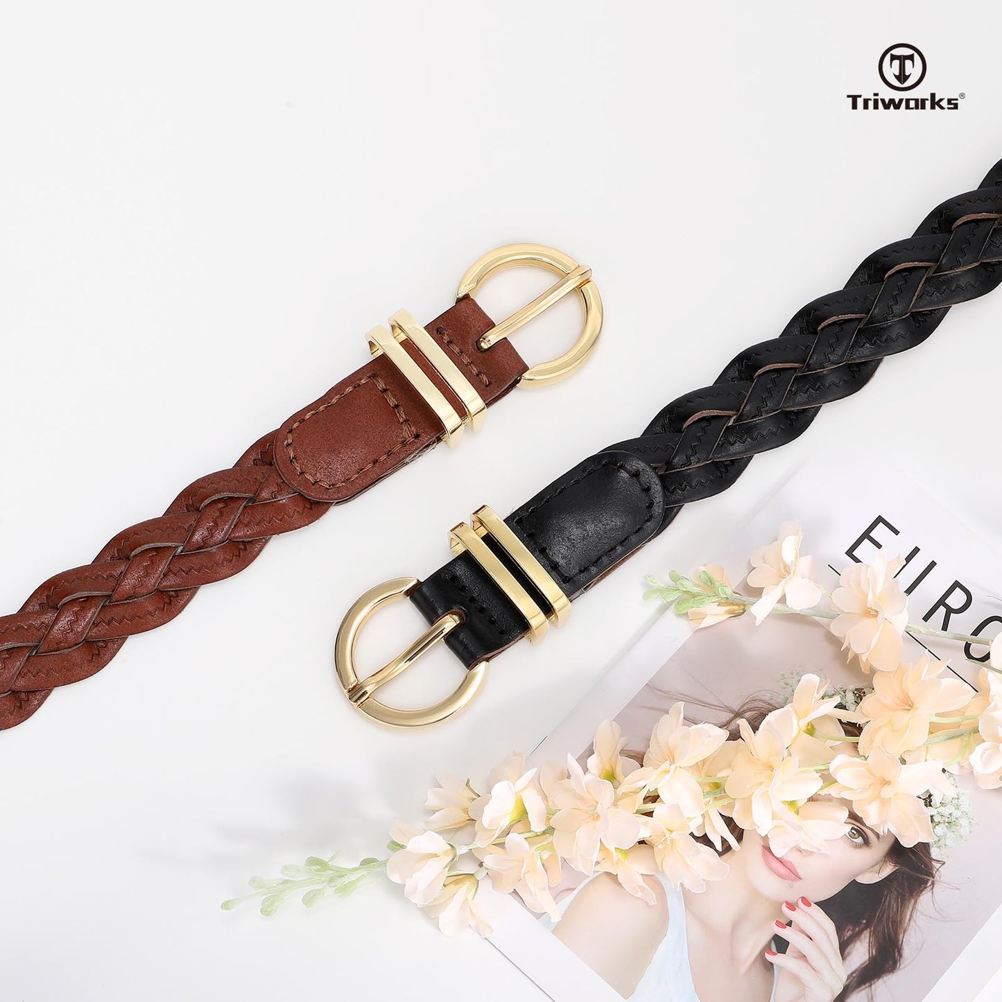 TRIWORKS 2 Pack Women's Leather Braided Skinny Belts Woven Thin Waist Belts for Jeans Pants Dresses