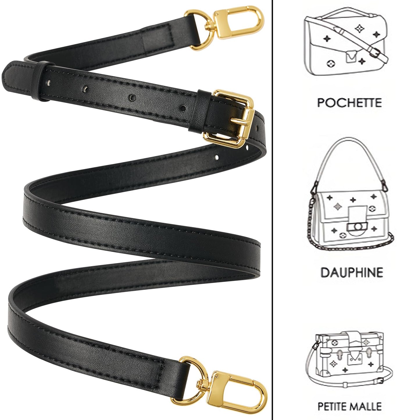RICLVS Genuine Vachetta Leather Crossbody Strap Genuine Leather Adjustable Replacement Strap for Shoulder Bag Handbag Purse (Black)